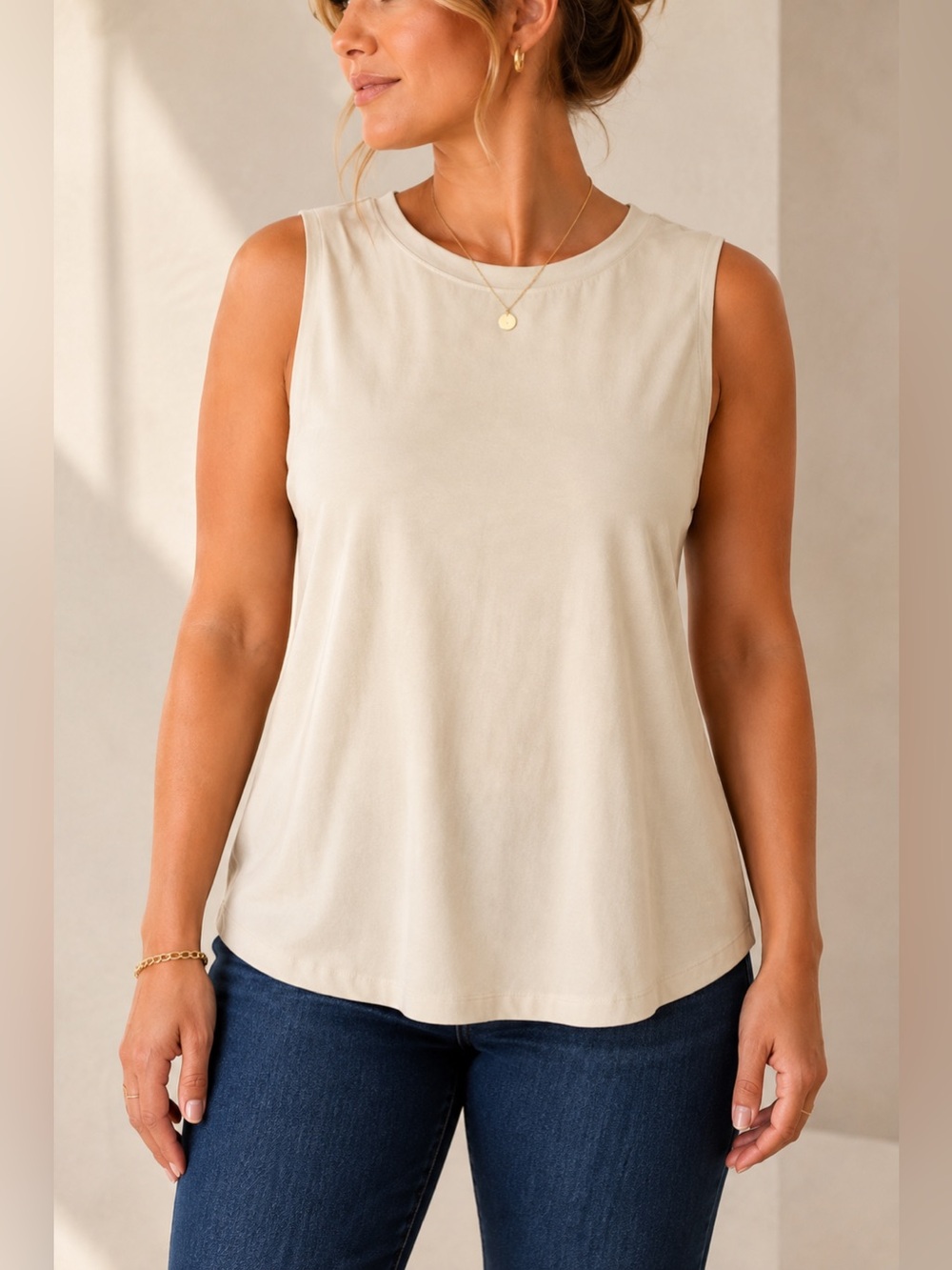 LOFT Sleeveless Shell Top XL Cream Neutral Stretch Knit Tank
